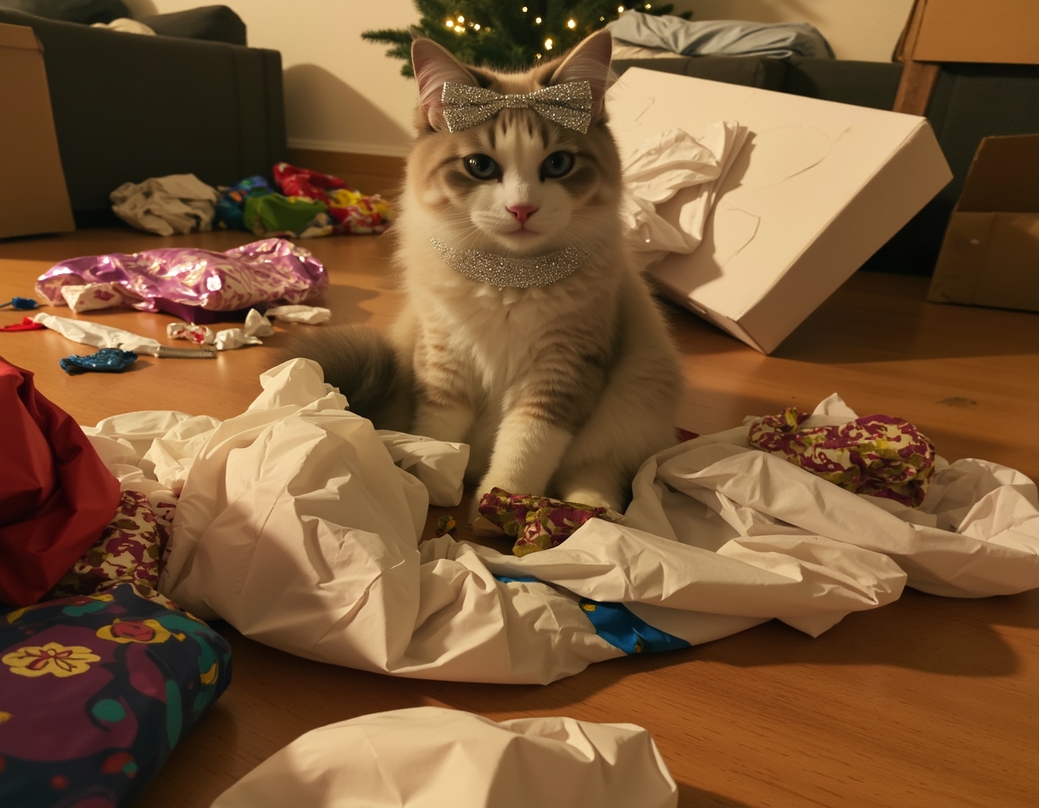 Playful cat surrounded by crumpled wrapping paper, ribbons, and empty boxes, with a shiny bow on its head. Christmas decorations and half-wrapped presents complete the festive scene.